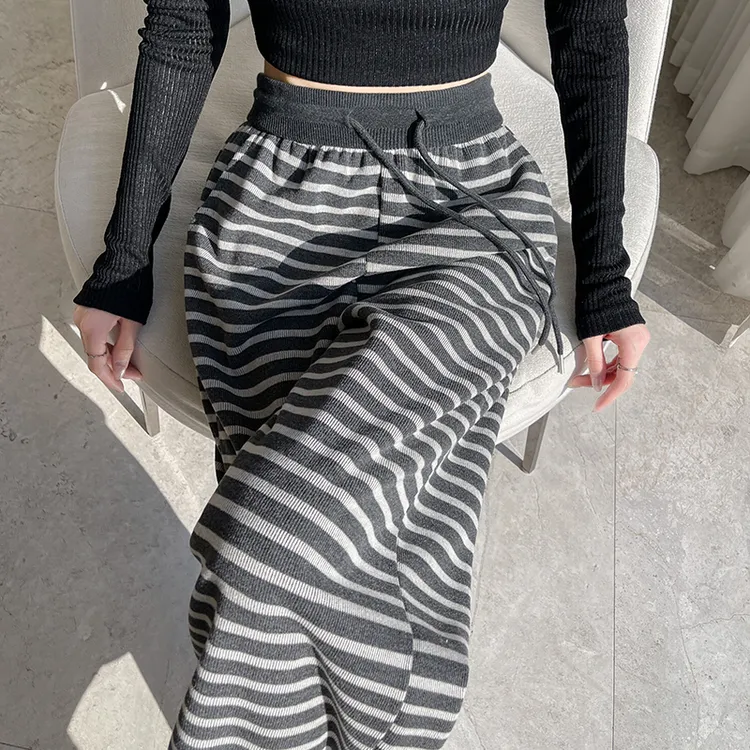 松紧腰抽绳复古条纹阔腿裤女2025春季新款高腰宽松慵懒休闲直筒裤