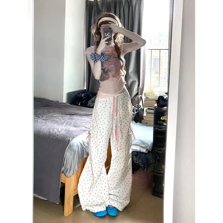 美式甜辣风休闲运动服套装女夏季可爱蝴蝶结猫咪短袖阔腿裤两件套