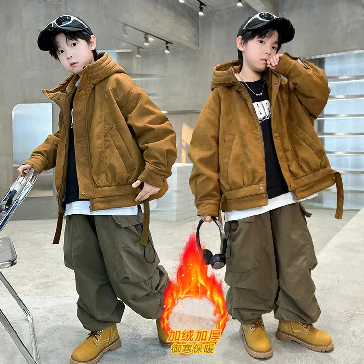 上衣加绒保暖儿童男童新款痞帅潮流网红棉服外套高中生初加厚衣服