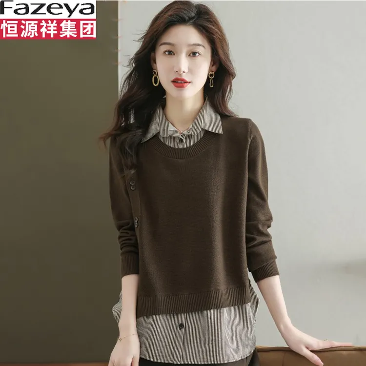 恒源祥集团彩羊毛衫女装假两件衬衫领针织上衣女士针织羊毛打底衫