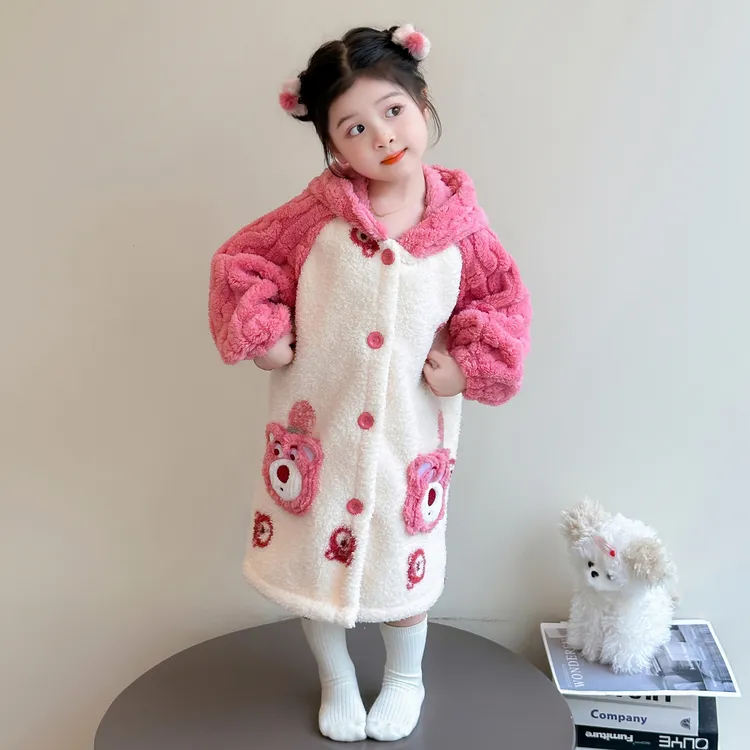 儿童睡袍珊瑚绒宝宝可穿式浴巾连帽睡衣女孩秋冬款法兰绒女童浴袍