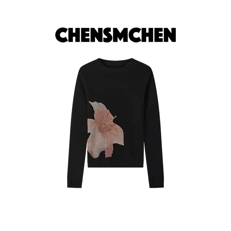 CHENSMCHEN 100%绵羊毛印花针织衫女时尚休闲百搭打底衫CSC8780LC