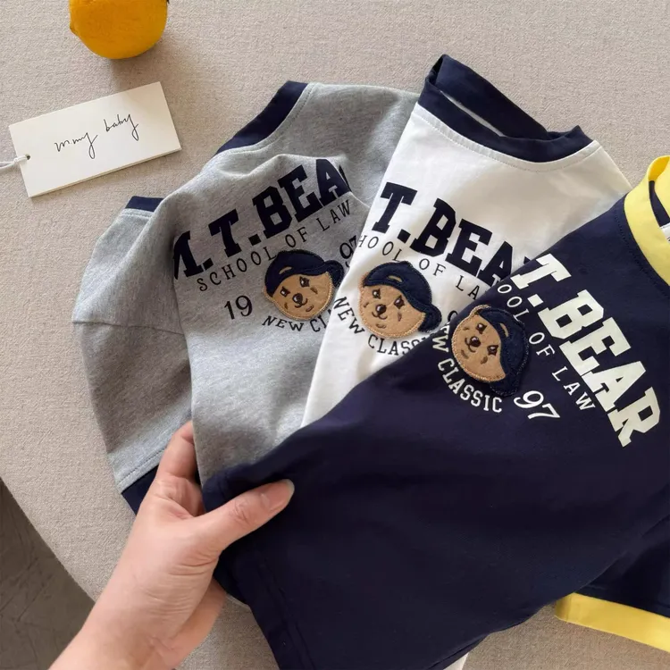 儿童小熊T恤男短袖夏季新款小童纯棉上衣宝宝卡通半袖T女童薄款潮