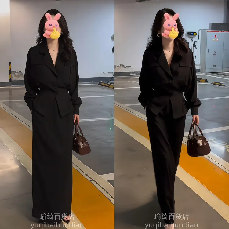 秋季简单大方高级感穿搭重要场合巨好看的黑色衬衫收腰连衣裙套装