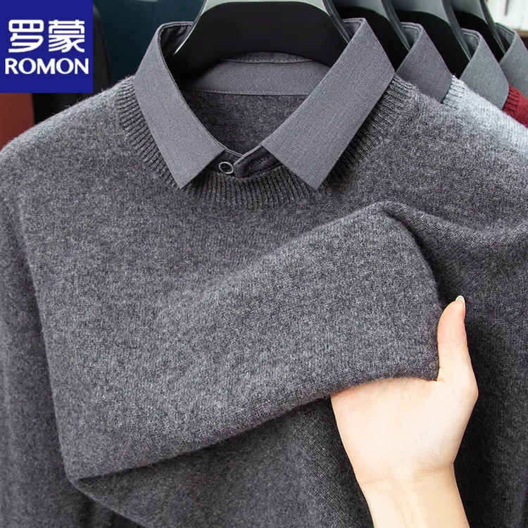 罗蒙冬季假两件毛衣男款爆款100%纯羊毛2025新款正品内搭羊毛衫男