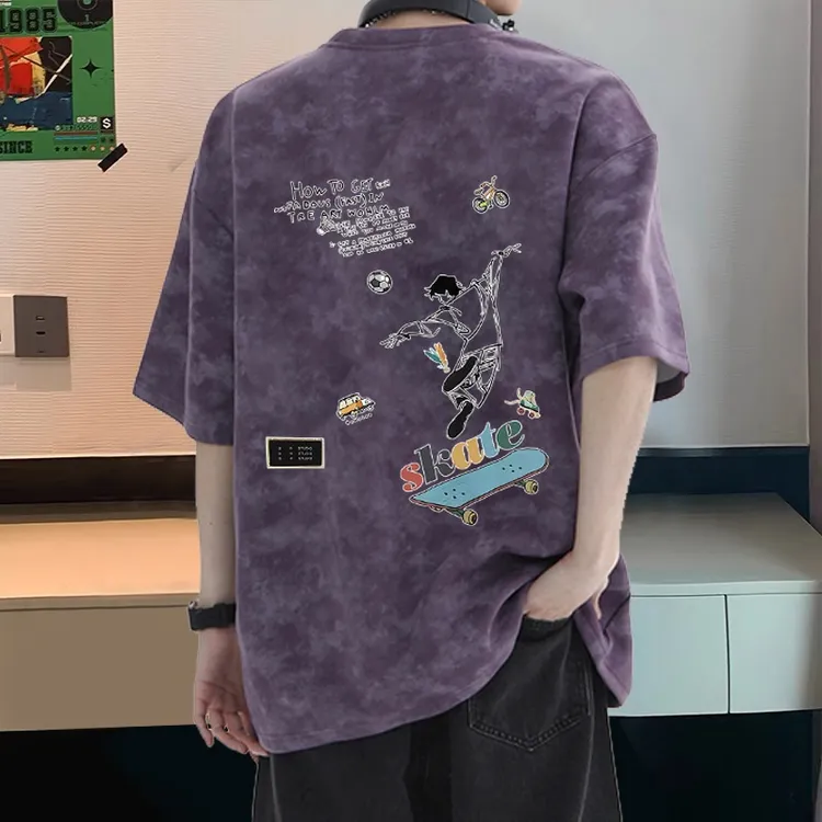 慵懒潮牌纯棉扎染短袖t恤男生夏季宽松大码上衣美式休闲印花半袖