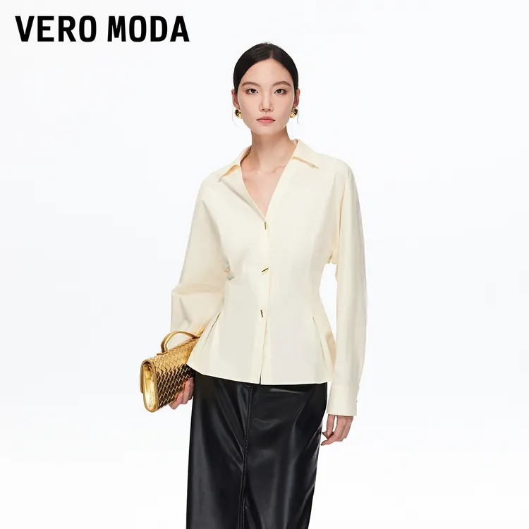 Vero Moda衬衫纯棉V领收腰纯色上衣流光风时尚洋气女325405001