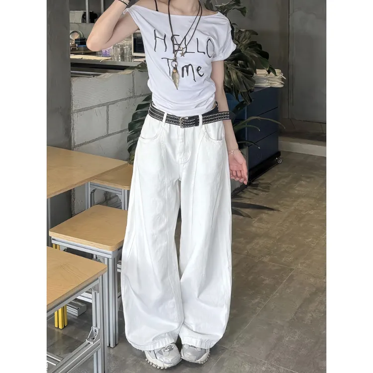 美式高街白色弯刀牛仔裤女秋季新款高腰宽松阔腿显瘦直筒休闲裤子