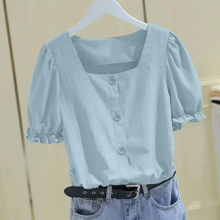 雪纺衬衫女夏季2025年新款短袖时尚方领薄款设计感小众泡泡袖上衣