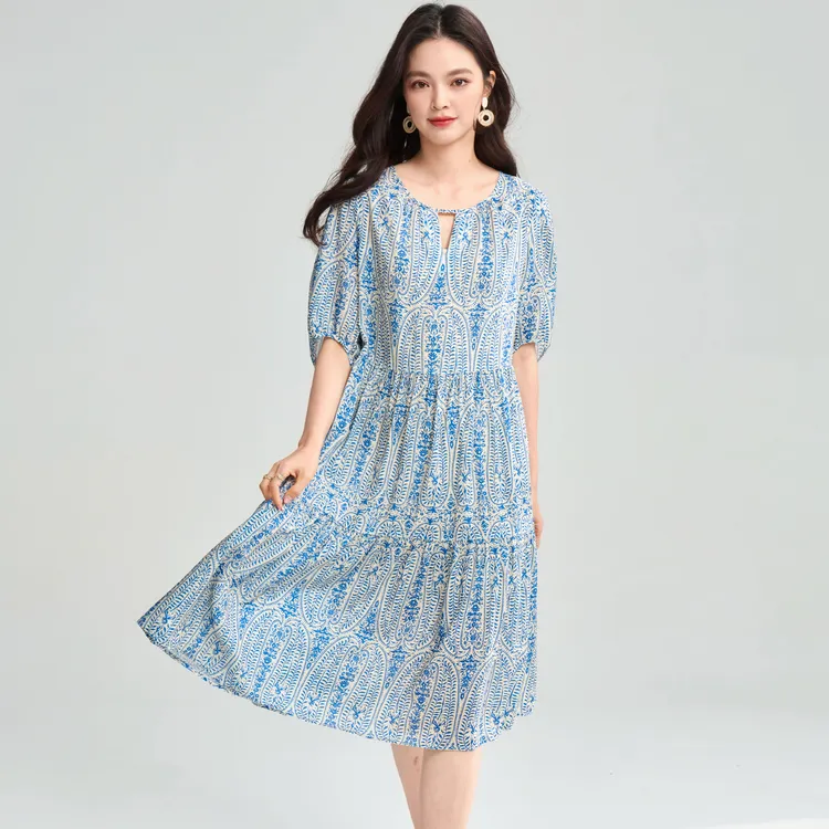 25春夏复古浪漫佩斯利印花莱赛尔度假风抽绳细带连衣裙