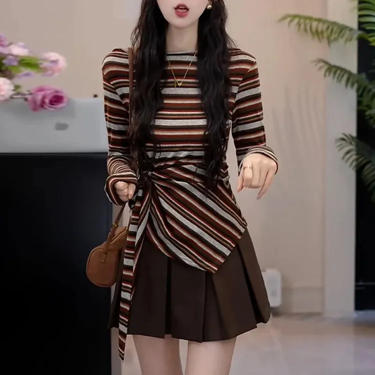 韩版时尚复古不规则绑带撞色条纹t恤女款2025新款爆款收腰上衣潮