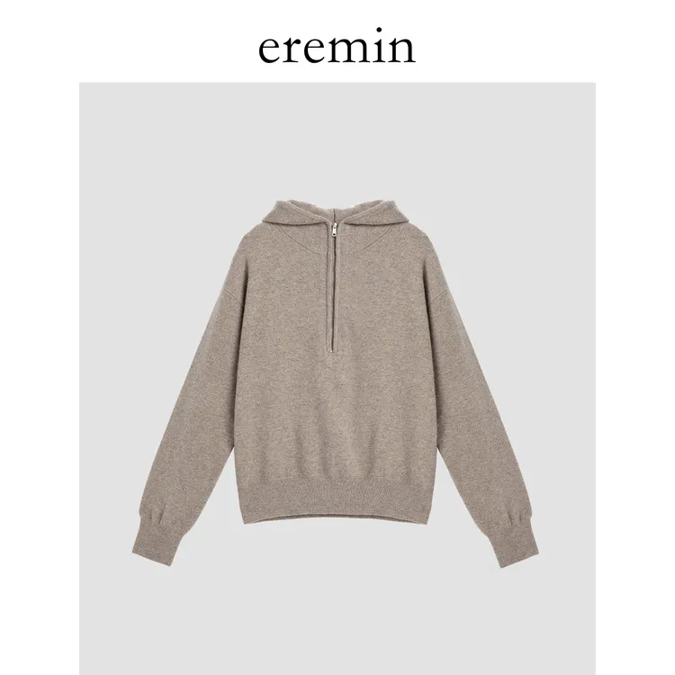 DE Mincollection针织帽衫/复古半拉链羊毛混纺打底连帽毛衣56168