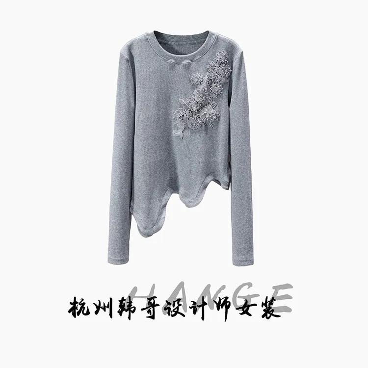 【韩哥欧货女装】冬季热感螺纹《繁花》花灰高弹显瘦打底上衣26058-A7