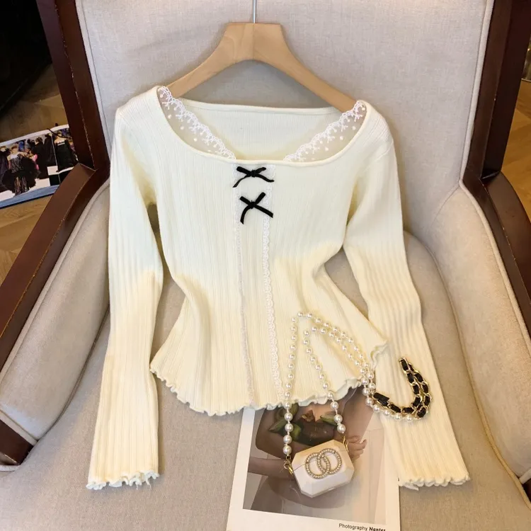 长袖蕾丝花边蝴蝶结针织衫女早秋新款高级感甜美百搭上衣I6-48