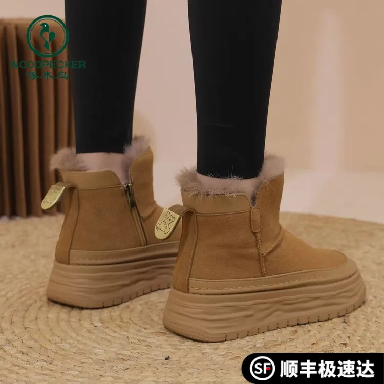 啄木鸟防滑新款防水靴子女棉靴加厚长筒靴冬季冬天爆款加绒百搭高