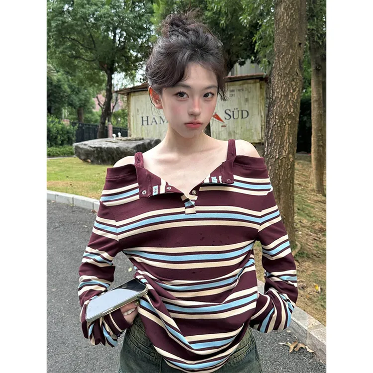 大码假两件长袖条纹长袖T恤女装秋季设计感宽松显瘦露肩百搭上衣