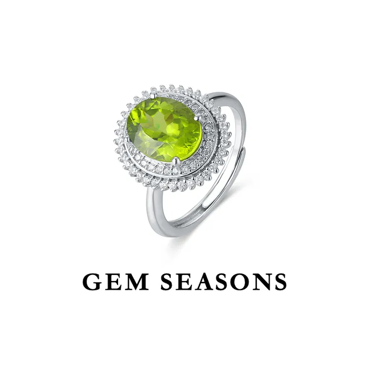 GEM SEASONS天然橄榄石戒指 简约时尚轻奢经典椭圆形绿色宝石银戒