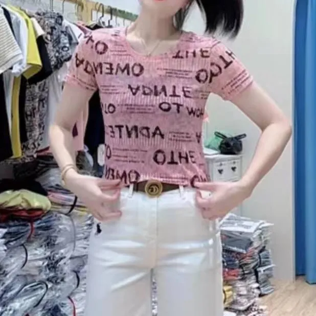 印花短款拼接字母常规圆领T恤气质百搭洋气修身显瘦减龄上衣
