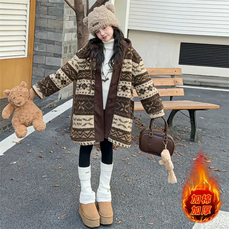 女童费尔岛秋冬新款美拉德撞色连帽保暖外套中大童潮流外套