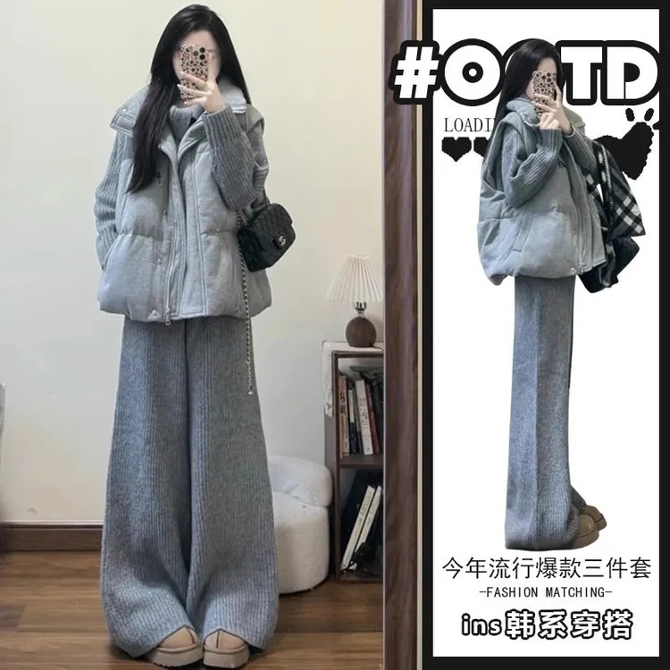2025新款显瘦韩系加绒通勤风休闲风时尚套装慵懒风翻领冬季