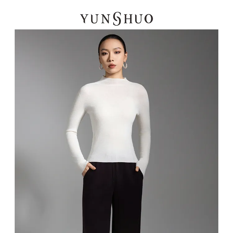 允硕新品时尚百搭半高领针织透气保暖修身女装纯色套头上衣739569