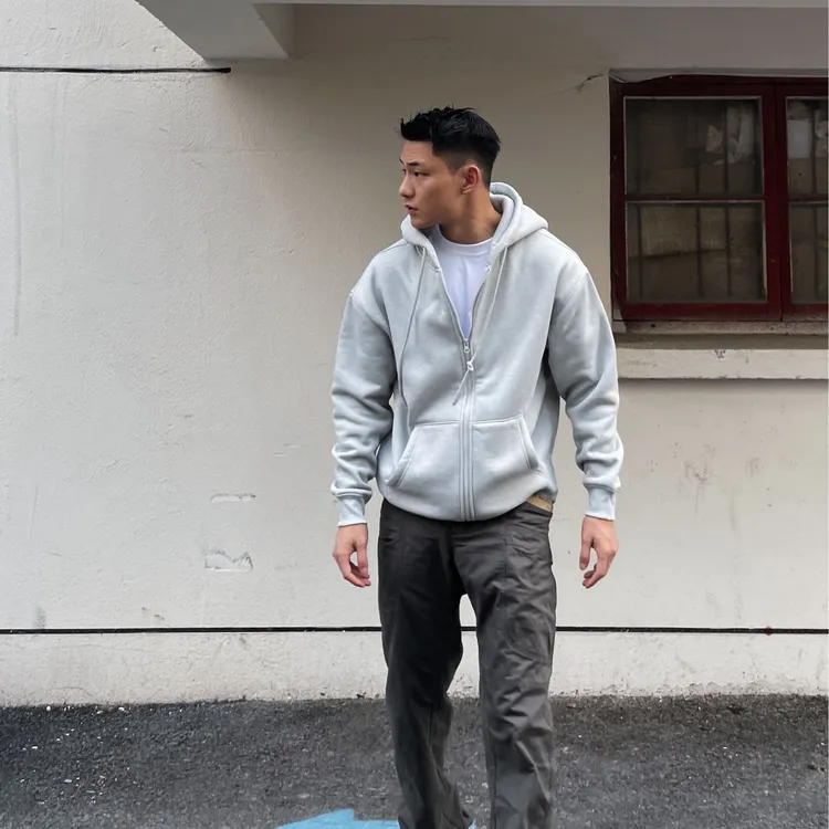 GTAL美式休闲开衫卫衣连帽秋季加绒加厚拉链纯色短宽运动外套秋冬