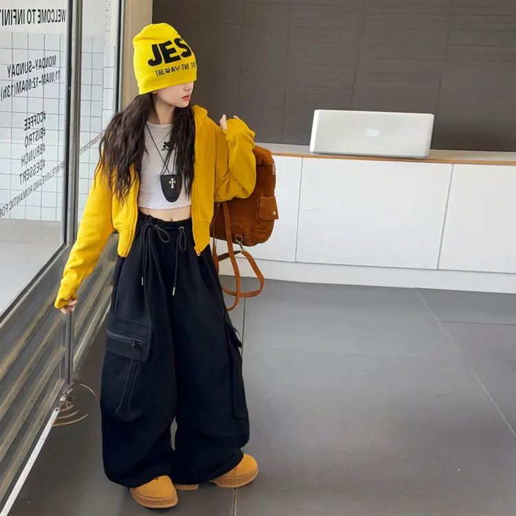 女童秋装外套套装2025新款大童女孩韩系连帽卫衣女大童春秋工装裤