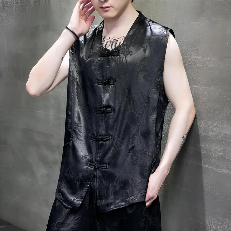 中国风龙纹冰丝无袖马甲男士夏季复古盘扣汗衫宽松大码坎肩背心潮