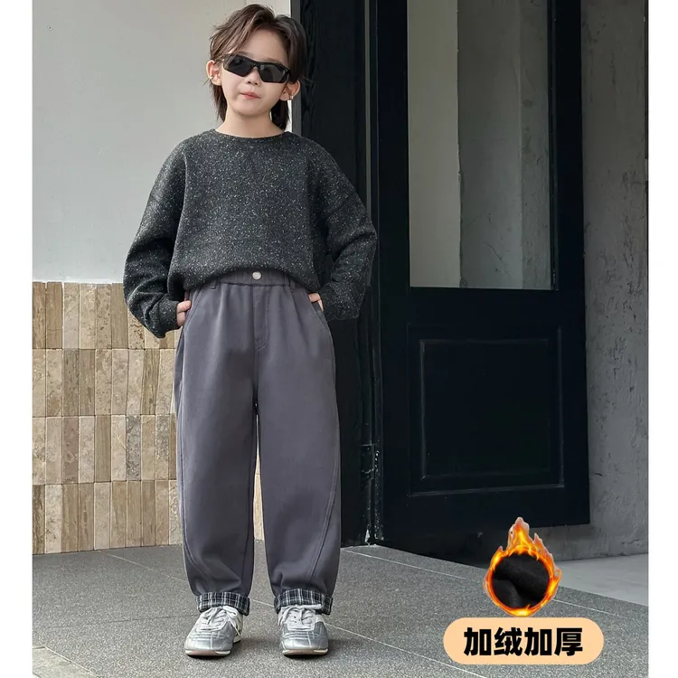 25秋冬【100棉】纯棉韩版脚口格子拼色男女童加绒休闲裤 A9028