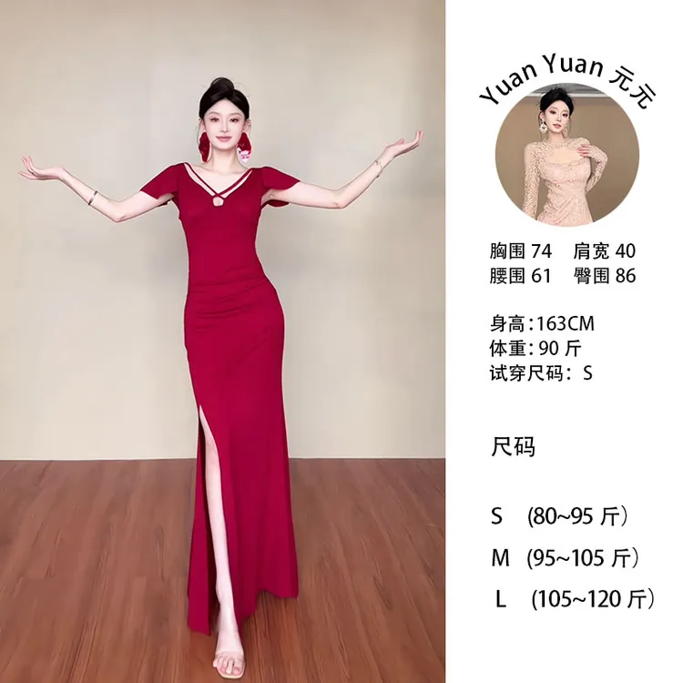 g2/M055 0624-1【Yy】法式性感风连衣裙显瘦旗袍开叉纯色时尚长裙女