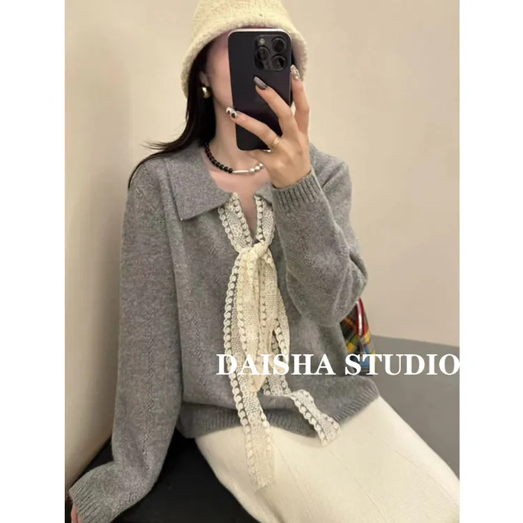【格蕾香榭】设计感气质系带蝴蝶结V领针织开衫女宽松软糯慵懒毛衣