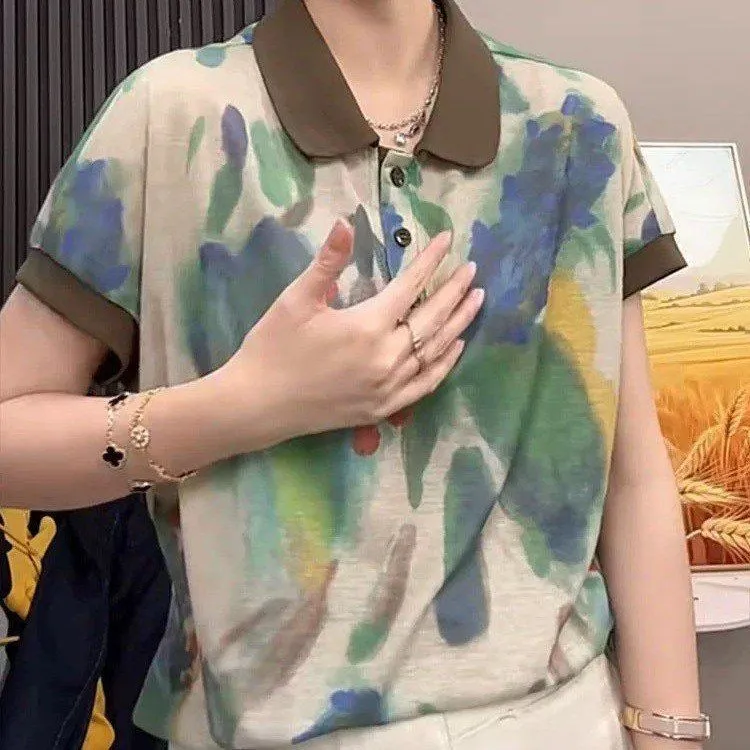 夏季新款妈妈装拼色翻领短袖T恤2025洋气百搭宽松显瘦减龄上衣女