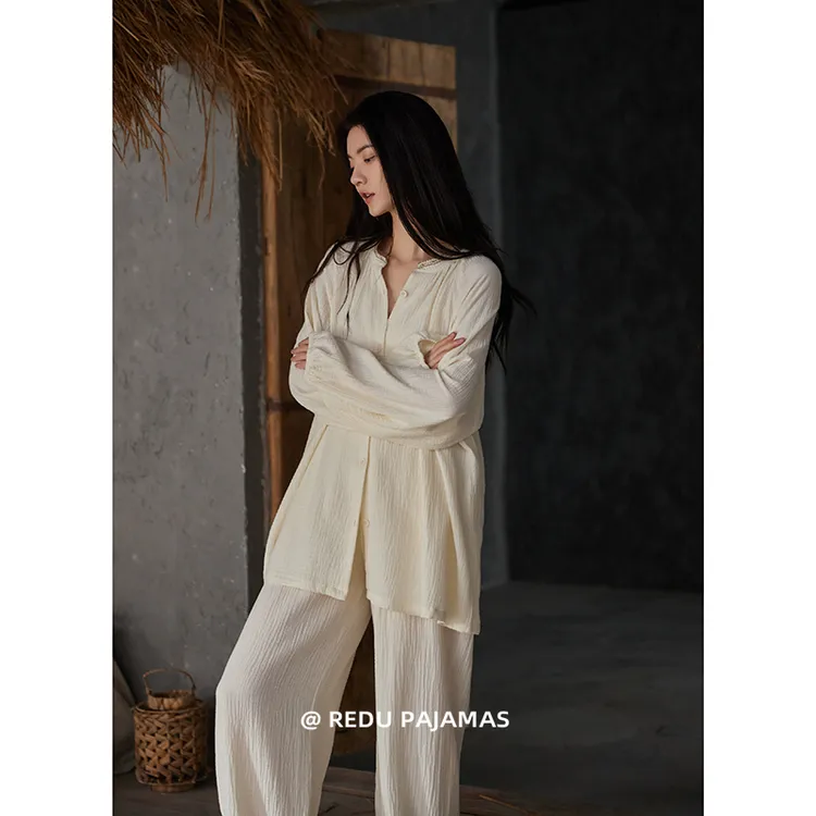 热妒2025新款睡衣女春秋季纯棉纱布长袖高级感带胸垫家居服套装