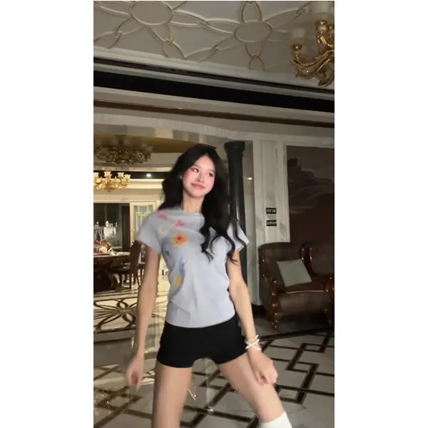 花朵侧边印花短袖t恤男女夏季潮牌情侣装辣妹修身上衣短裤套装
