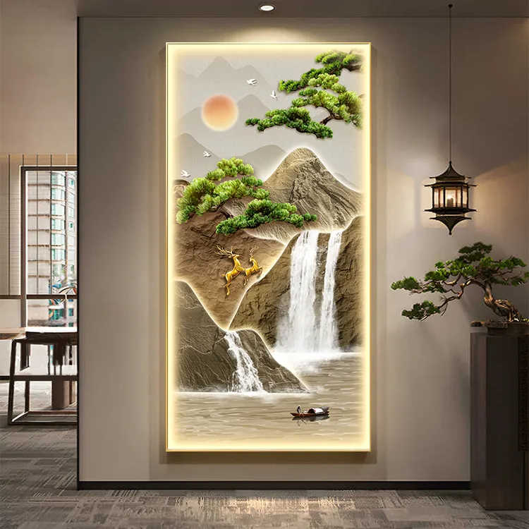 新中式山水LED灯画迎客松玄关装饰画入户走廊过道挂画