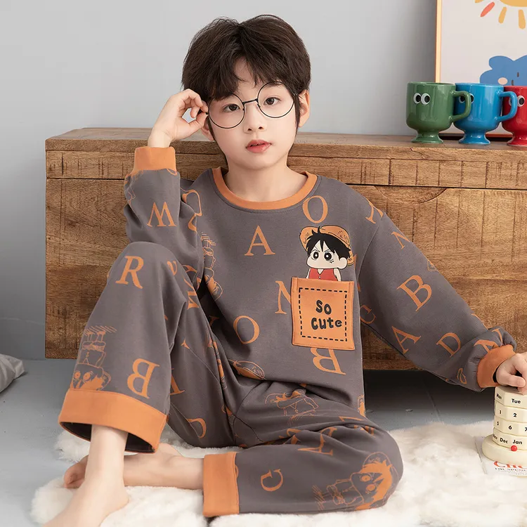 儿童宝宝家居服男童纯棉长袖睡衣春秋装中大童卡通青少年空调服