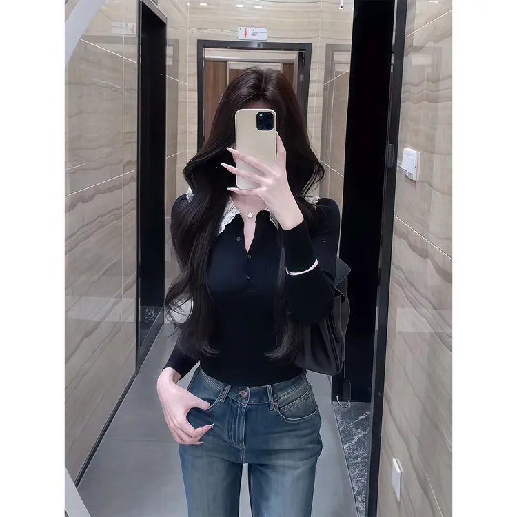 纯欲辣妹蕾丝拼接长袖T恤女秋季新款修身显瘦小众设计感打底上衣