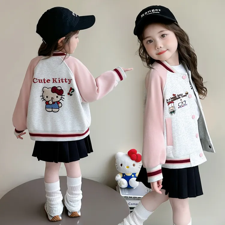 女童棒球服外套2025春秋新款中小童宝宝秋装洋气儿童卡通猫咪上衣