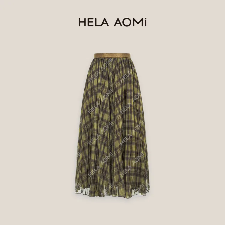 HELA AOMI“扇形格纹”复古格纹网纱不规则显瘦层次感宽松半身裙