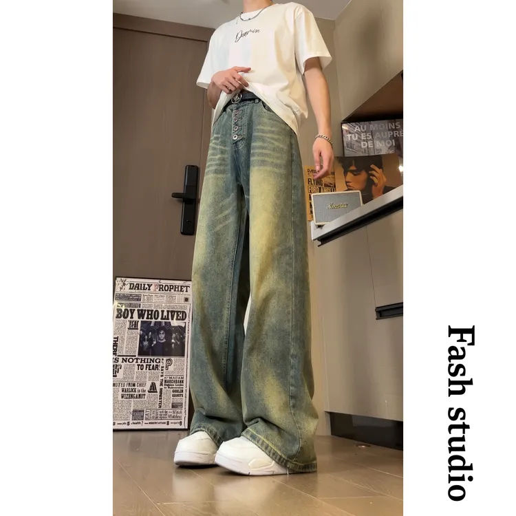 2025春秋季爆款韩版宽松阔腿牛仔裤男潮牌休闲男女直筒复古长裤男