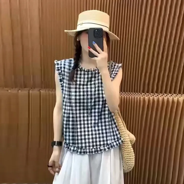 复古格子木耳领无袖衬衫女夏季韩版宽松显瘦衬衣百搭休闲薄款上衣