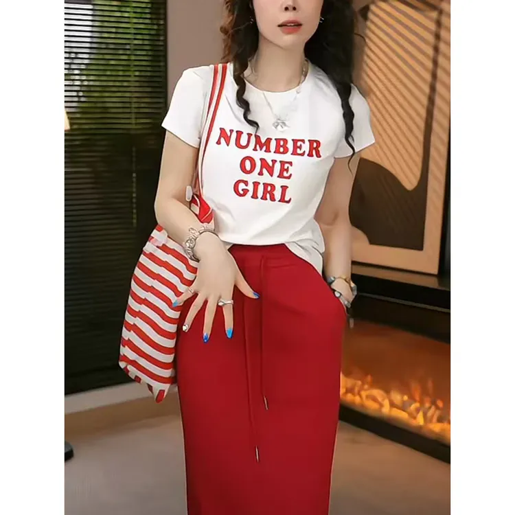 韩系chic圆领正肩短袖T恤女2025夏季爆款字母印花修身显瘦上衣潮