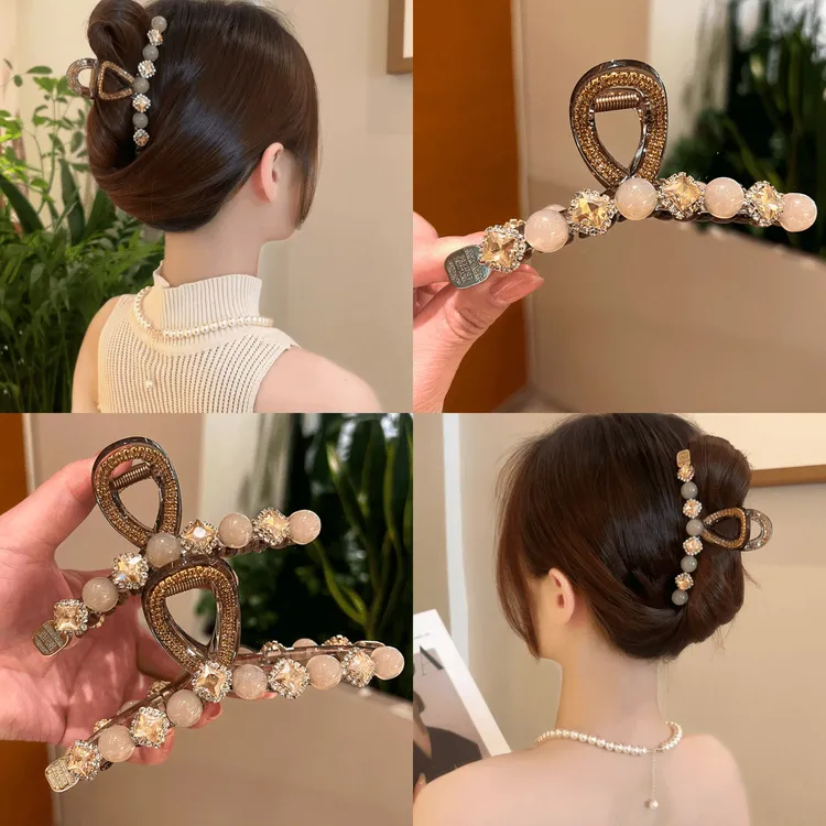 韩版水钻珠珠抓夹女后脑勺发量多鲨鱼夹子大号高级感发夹头饰发卡