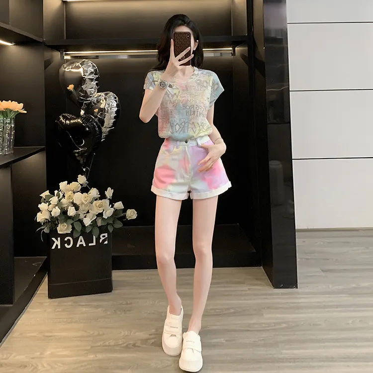 冰丝渲染小飞袖T恤女夏季薄透气短袖上衣渐变牛仔短裤阔腿热裤子