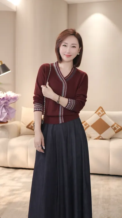 【双姐】撞色提花V领长袖针织衫柔软亲肤羊毛衫显瘦气质中年女1066