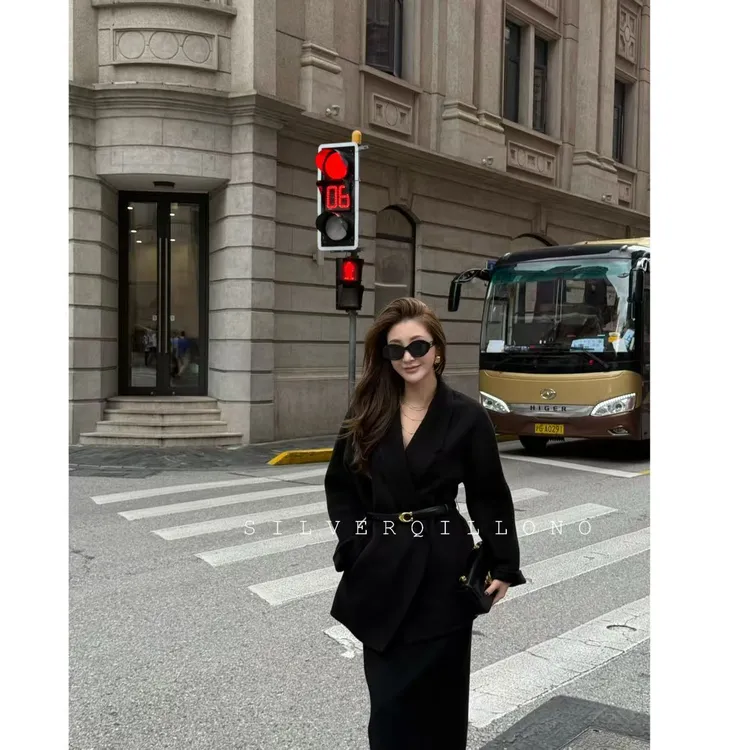 KIKI【暮光倾城】2025冬季轻奢双面羊毛大衣+双面羊毛裙子5Q3258