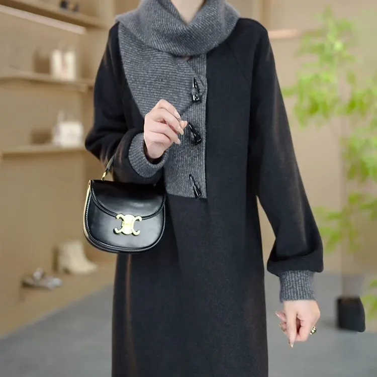 D666  2025秋季新款韩版设计高级感时尚气质减龄带围巾显瘦连衣裙