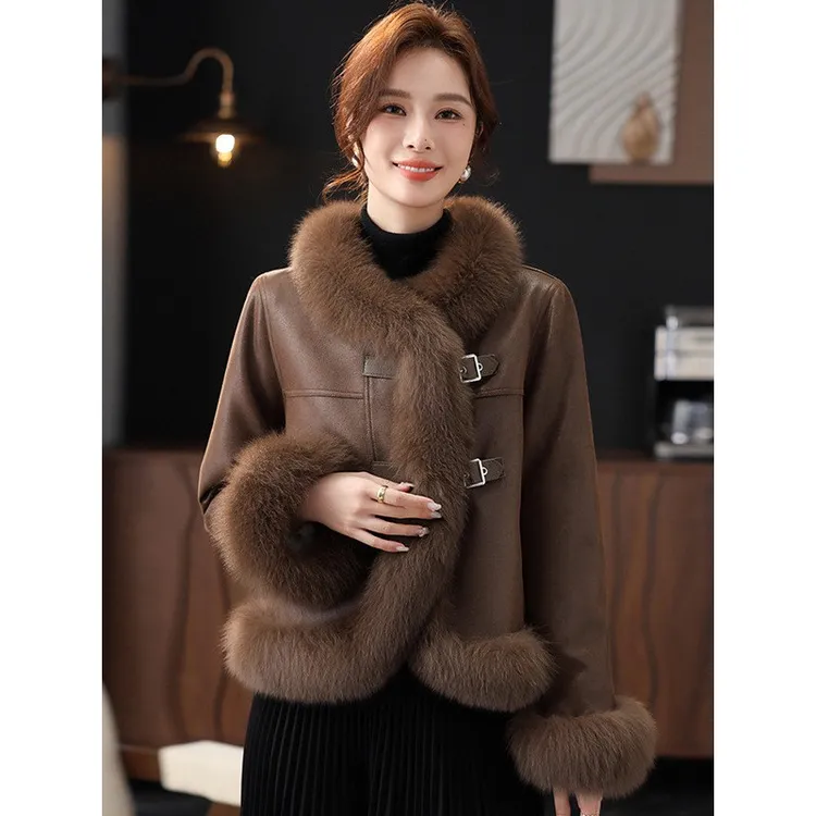 皮尔卡丹冬季毛领保暖羽绒服中古风高级感环保皮草大衣女气质百搭