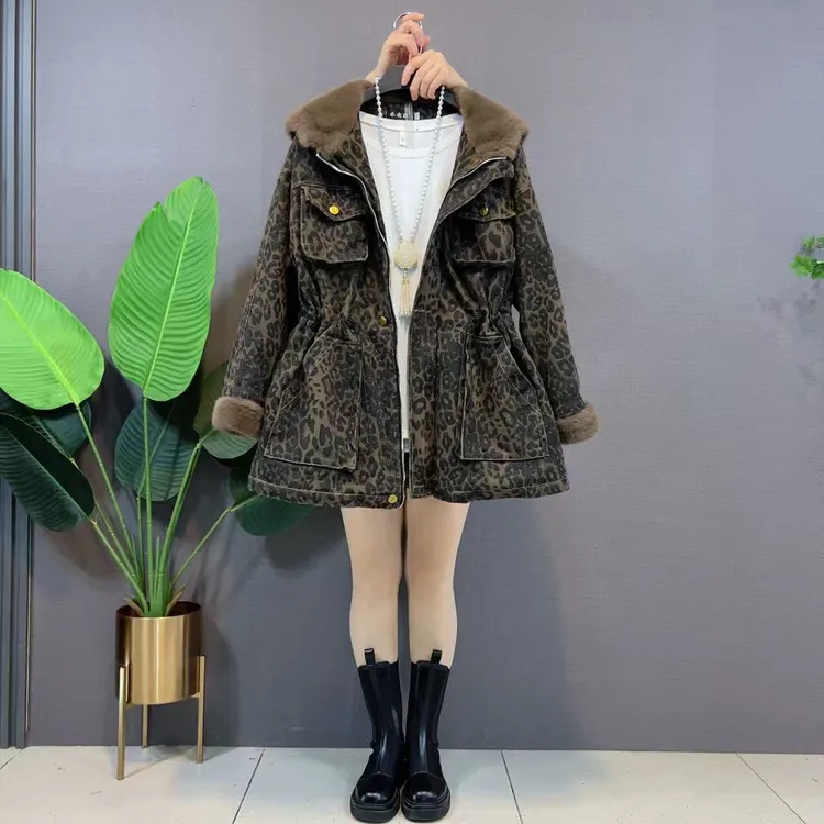 欧货休闲洋气连帽豹纹牛仔加绒加厚收腰派克服外套显瘦加厚外套