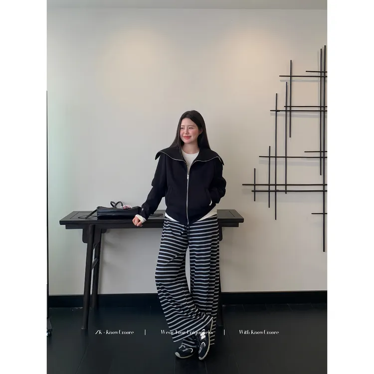 知葵微胖定制【舒适私服】早秋韩系翻领上衣+休闲裤套装12254D1937